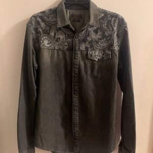 Zara Man Denim Couture size large, slim fit, distressed black with print.